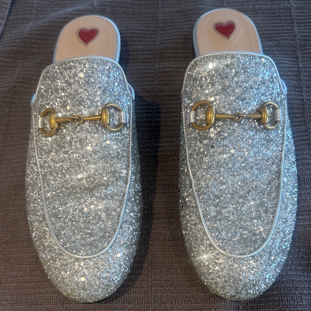 Gucci Silver Glitter Mules with Gold Accents